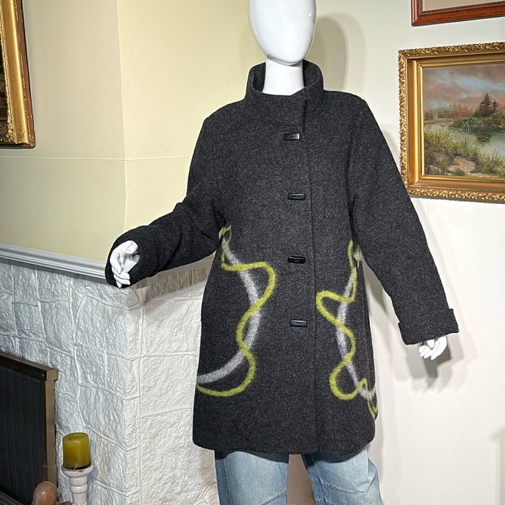 Aino Finland Dark Grey & Lime Green Wool Car Length Coat - Picture 4 of 15